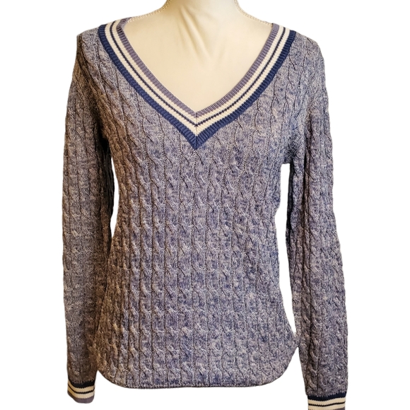 EUC Brora Varsity Stripe V-Neck Metallic Thread Sweater - Picture 1 of 10